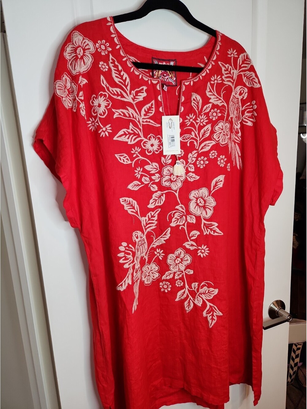 Johnny Was Shift Dress Women's Sz 3X Linen Red Wht Embroidered Tunic Floral - Picture 8 of 9